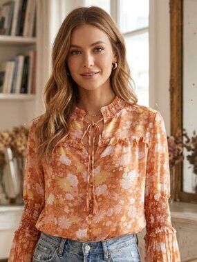 NWT One Pretty Time X Anthropologie Floral Smocked Sleeve Blouse